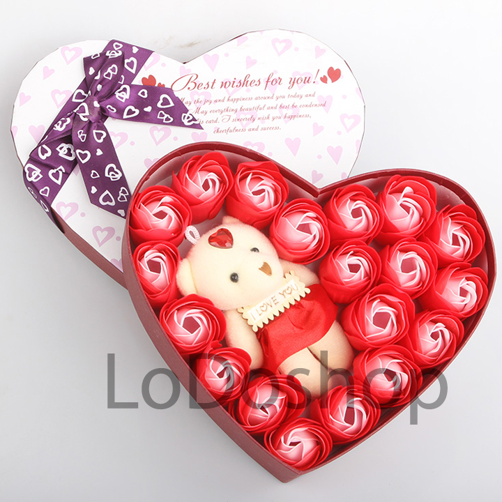 Hộp quà trái tim 18 bông hồng sáp và gấu - Hộp đựng quà tặng ngày lễ tình yêu sinh nhật quà cưới happy birthday - Quà 20/10 - Quà 8/3 - Quà 14/2 - Quà valentine - Noel - Quà kỷ niệm ngày cưới