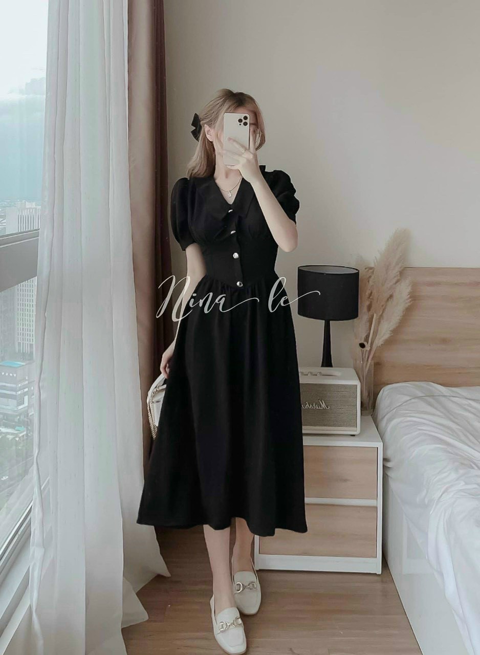 Đầm von mịn cổ trụ bẻ gài nút tay ngắn đi tiệc ttsa1796