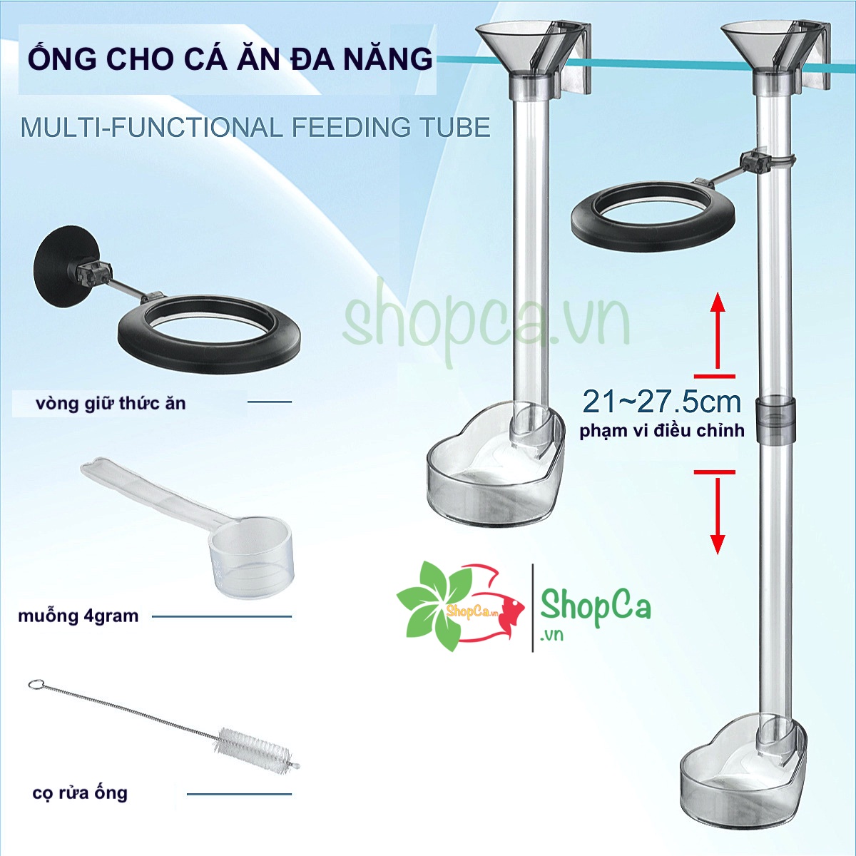 Ống cho cá tép ăn, cống cá ăn có chén cho cá tép ăn giúp dễ bỏ thức ăn thừa, kéo dài 28 cm
