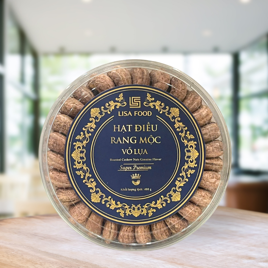 Hạt Điều Rang Mộc Vỏ Lụa Hộp Tròn Xếp Hoa 400g LisaFood - SUPER PREMIUM