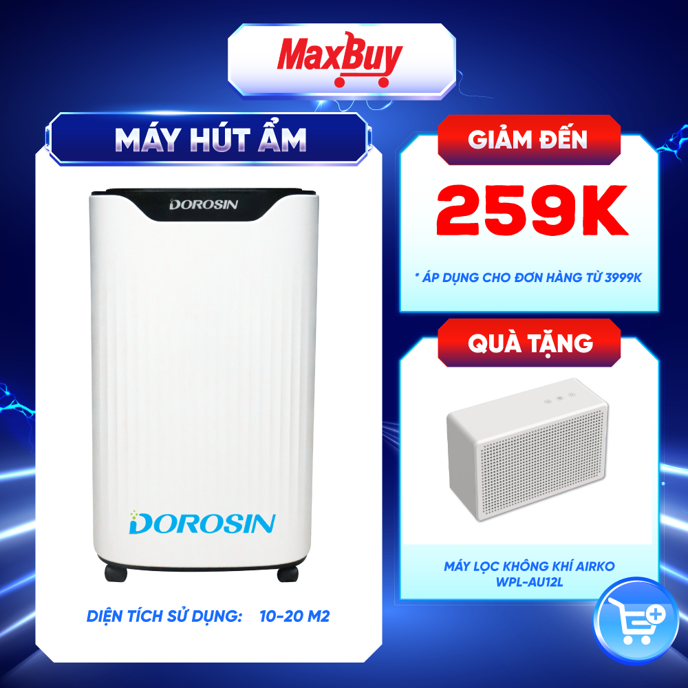 Máy hút ẩm dorosin công suất 12 lít/ngày diện tích sử dụng 10-30m2 bảo hành 24 tháng tặng 1 máy lọc không khí er-612