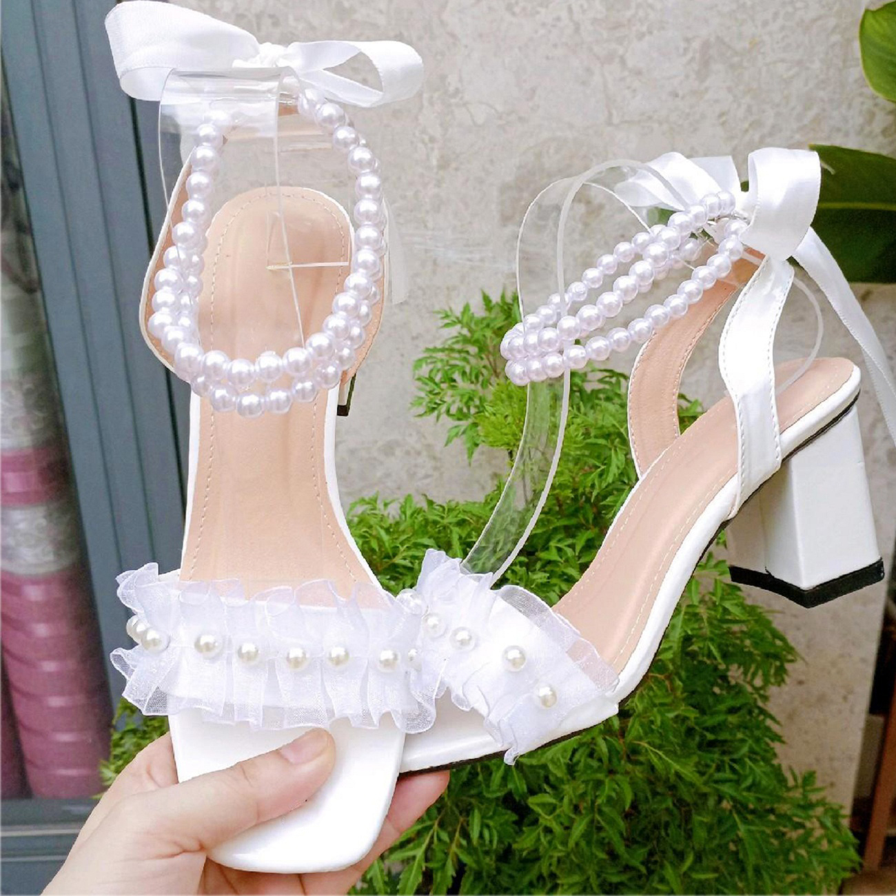 Giày cao gót nữ quai ngọc gót vuông 7 phân TRẮNG