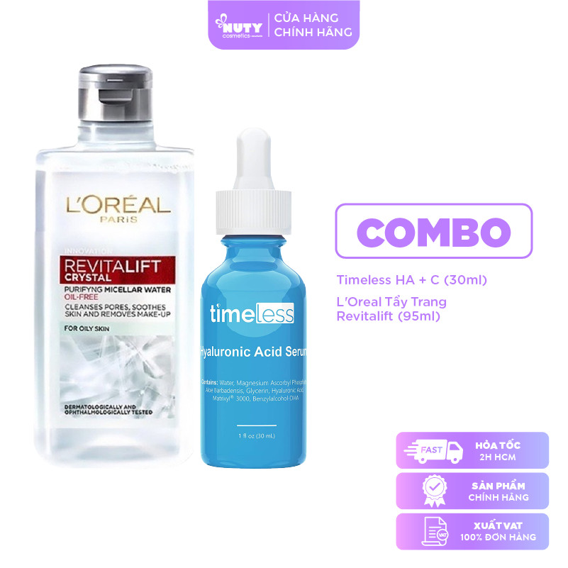 Combo Tinh Chất Dưỡng Ẩm Làm Trắng Da Timeless Hyaluronic Acid + Vitamin C (30ml) + Nước Tẩy Trang L'Oreal Micellar Water (95ml)