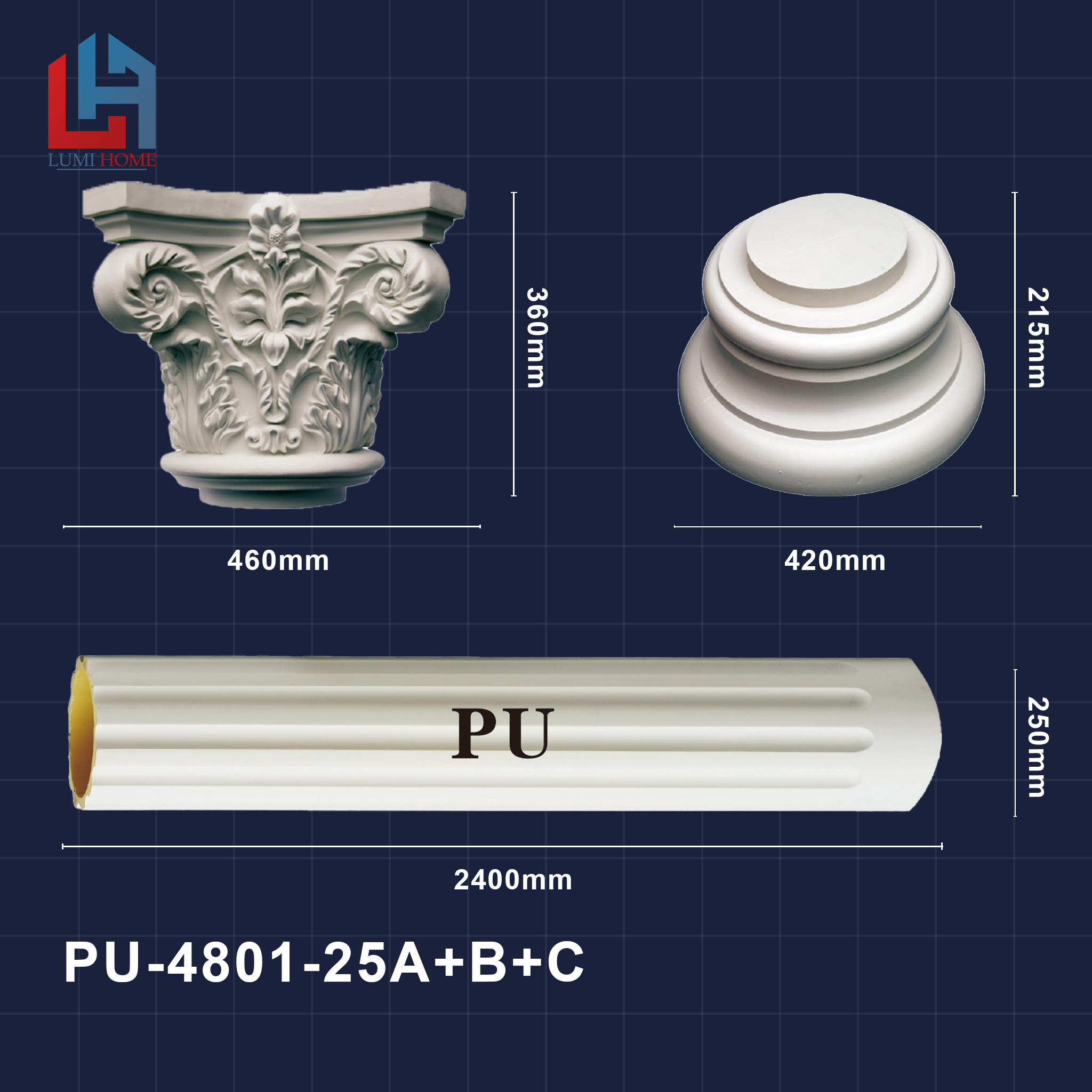 Cột tròn phù điêu pu lumi home, thức cột la mã trang trí nội ngoại thất, chất liệu pu siêu bền, mã pu-4801-25a,b,c