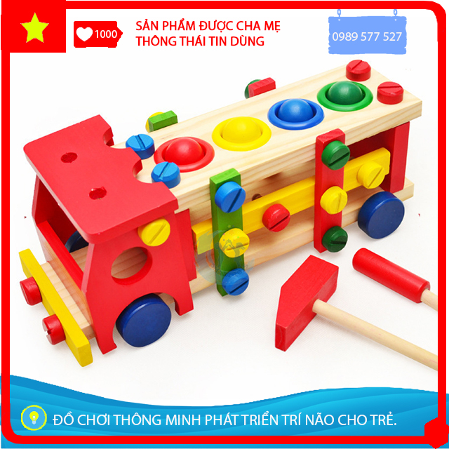 [Tăng IQ Cho Bé] Đồ Chơi Lắp Ráp Xe Ôtô - Dụng Cụ Cơ Khí Kết Hợp Trò Chơi Đập Bóng Bằng Gỗ