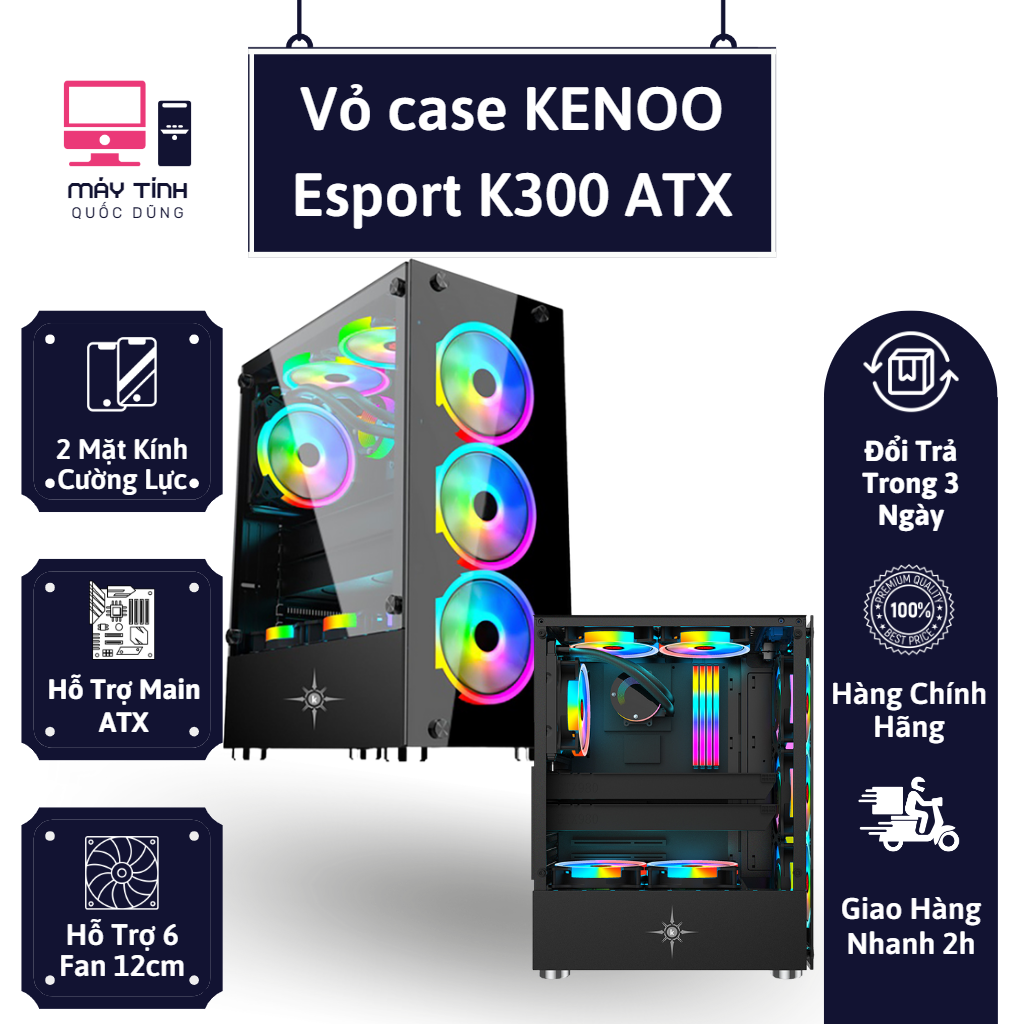 Vỏ case kenoo esport k300 gaming atx - 2 mặt kính cường lực - hàng chính hãng i máy tính quốc dũng
