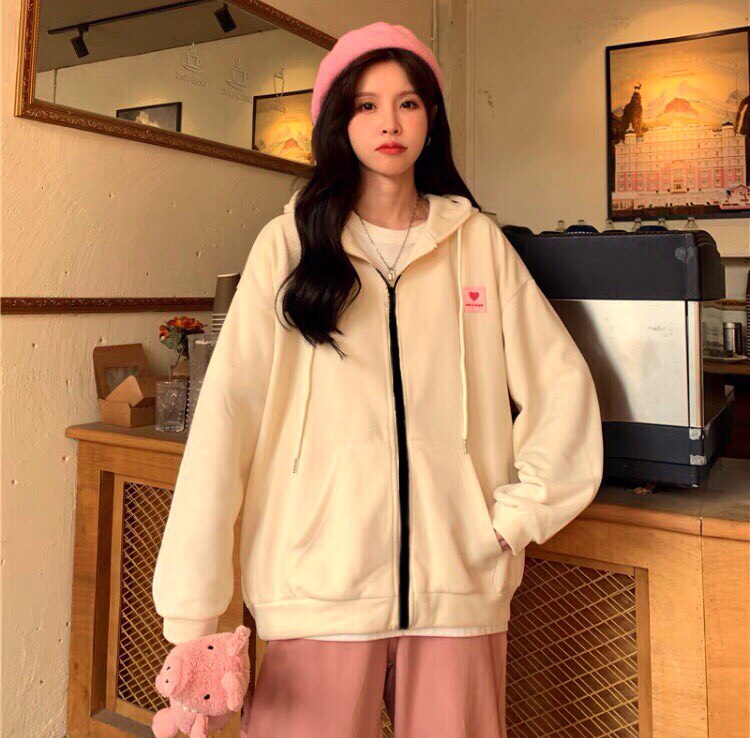 [ FREESHIP ] Áo khoác nữ mùa đông chất nỉ bông form rộng, áo hoodie nữ khóa kéo có nón cute giữ ấm tốt [ NỈ TIM HỒNG]