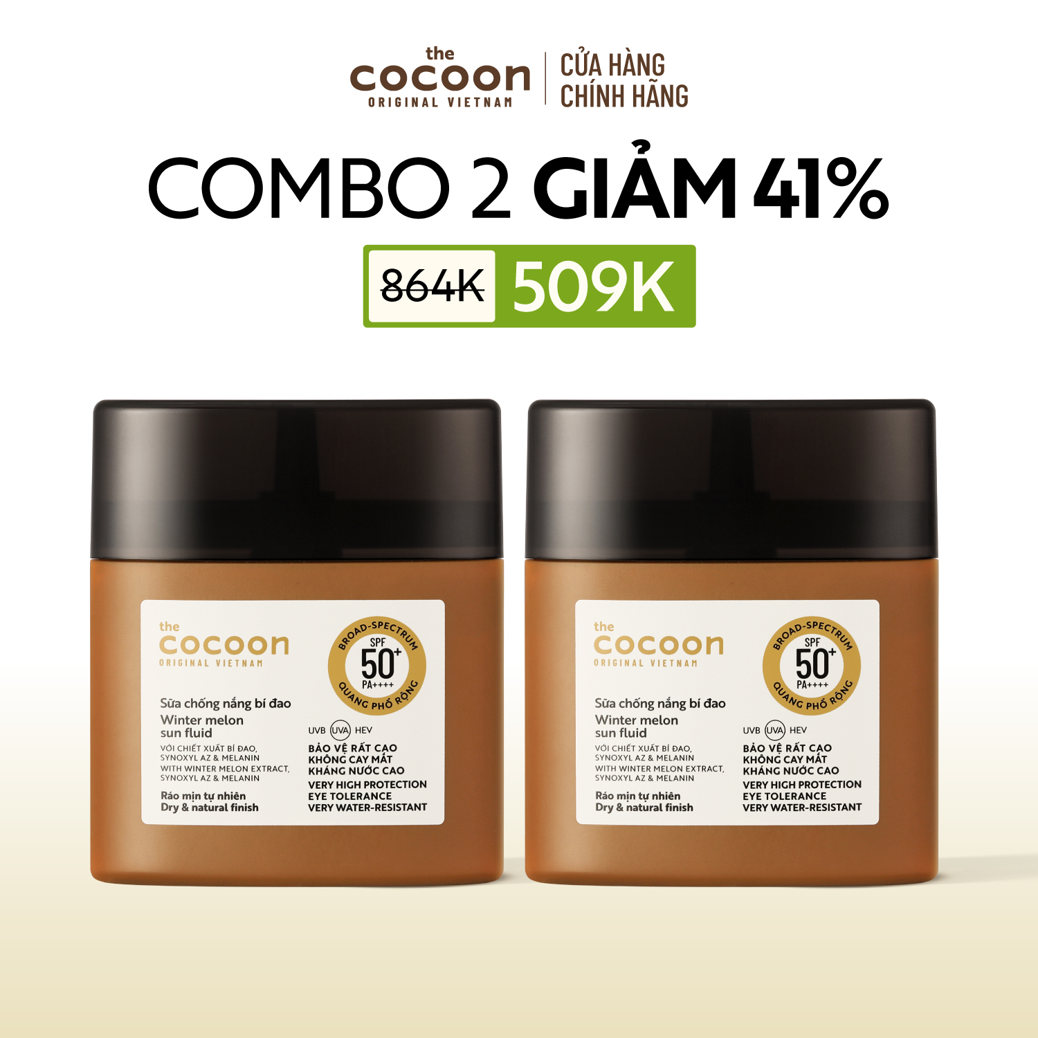 COMBO 2 Sữa chống nắng bí đao - Ráo mịn tự nhiên SPF 50+, UVA – PF 62.6 Cocoon 50ml