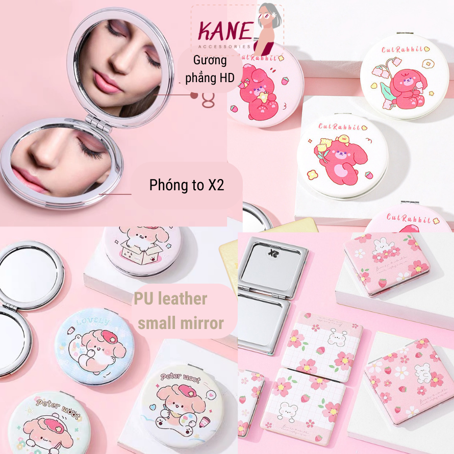 Gương mini 2 mặt gấp gọn bỏ túi Kane, Gương mini vuông 2 mặt cầm tay cute, gương tròn mini trang điểm bỏ túi