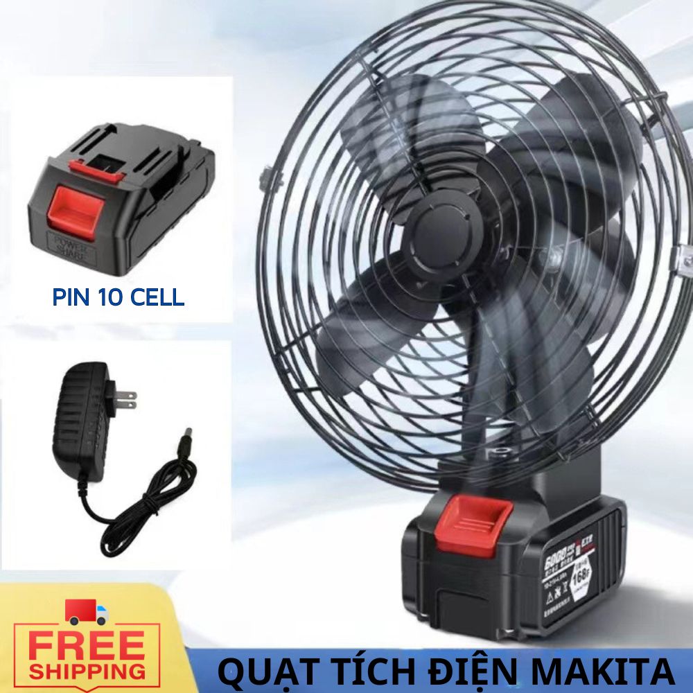 Quạt tĩch điện pin 10 cell dùng liên tục 8h, quạt pin makita, quạt để bàn tích điện 2 cấp độ gió siêu mát