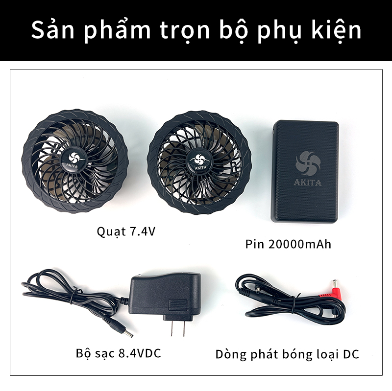 Bộ phụ kiện áo điều hòa Nhật bản 20000mAh, pin áo điều hòa 20000mAh, chạy 11-15h quạt áo điều hòa chính hãng Akita bảo hành 12 tháng