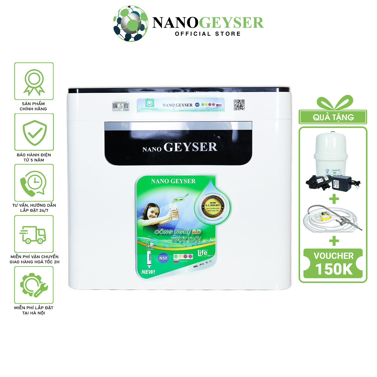 Máy lọc nước Nano Geyser RO ECO C, Công nghệ lọc nước tinh khiết RO, Bảo hành điện tử 5 năm qua app chính hãng
