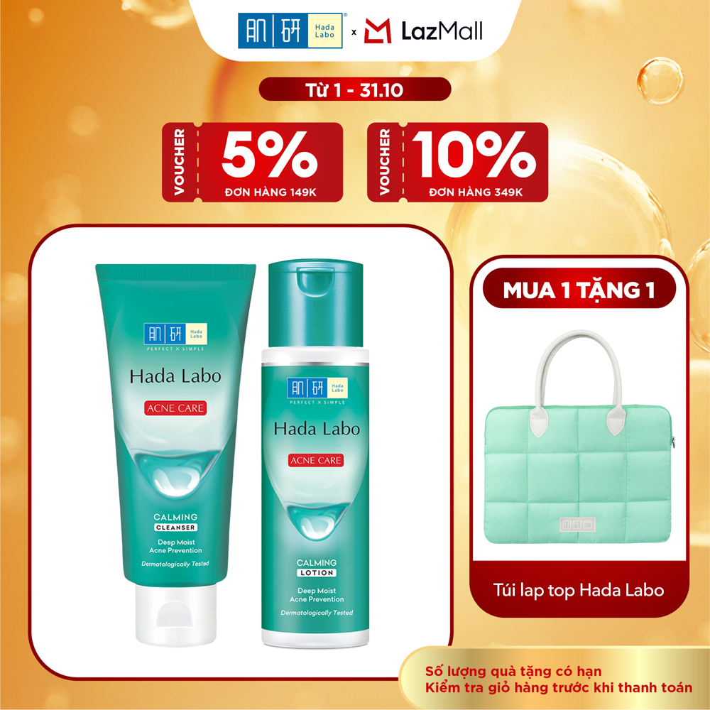[VB] Bộ đôi Sữa rửa mặt - Lotion dưỡng ẩm cho da mụn, da nhạy cảm Hada Labo Acne Care Calming (Sữa rửa mặt 80g + Dung dịch dưỡng ẩm 170mL)