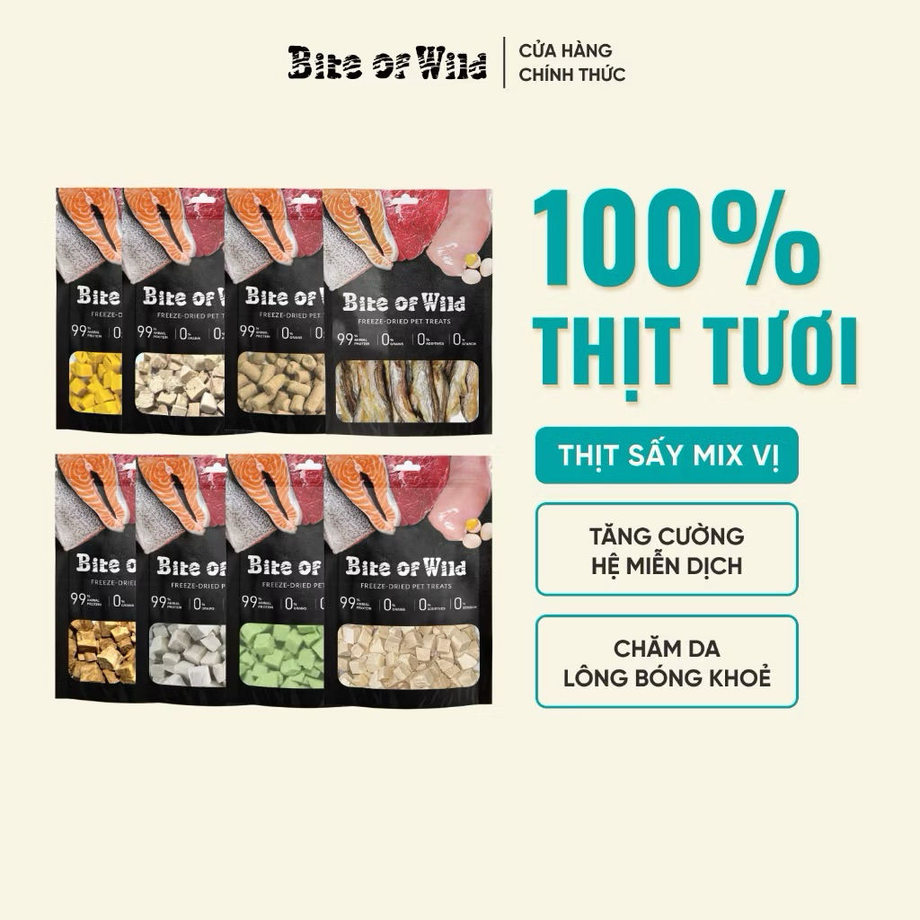 [ 40gr ] Thịt sấy cho chó mèo BITE OF WILD nhiều hương vị - Giàu protein, hỗ trợ lông mượt, công nghệ sấy đông lạnh