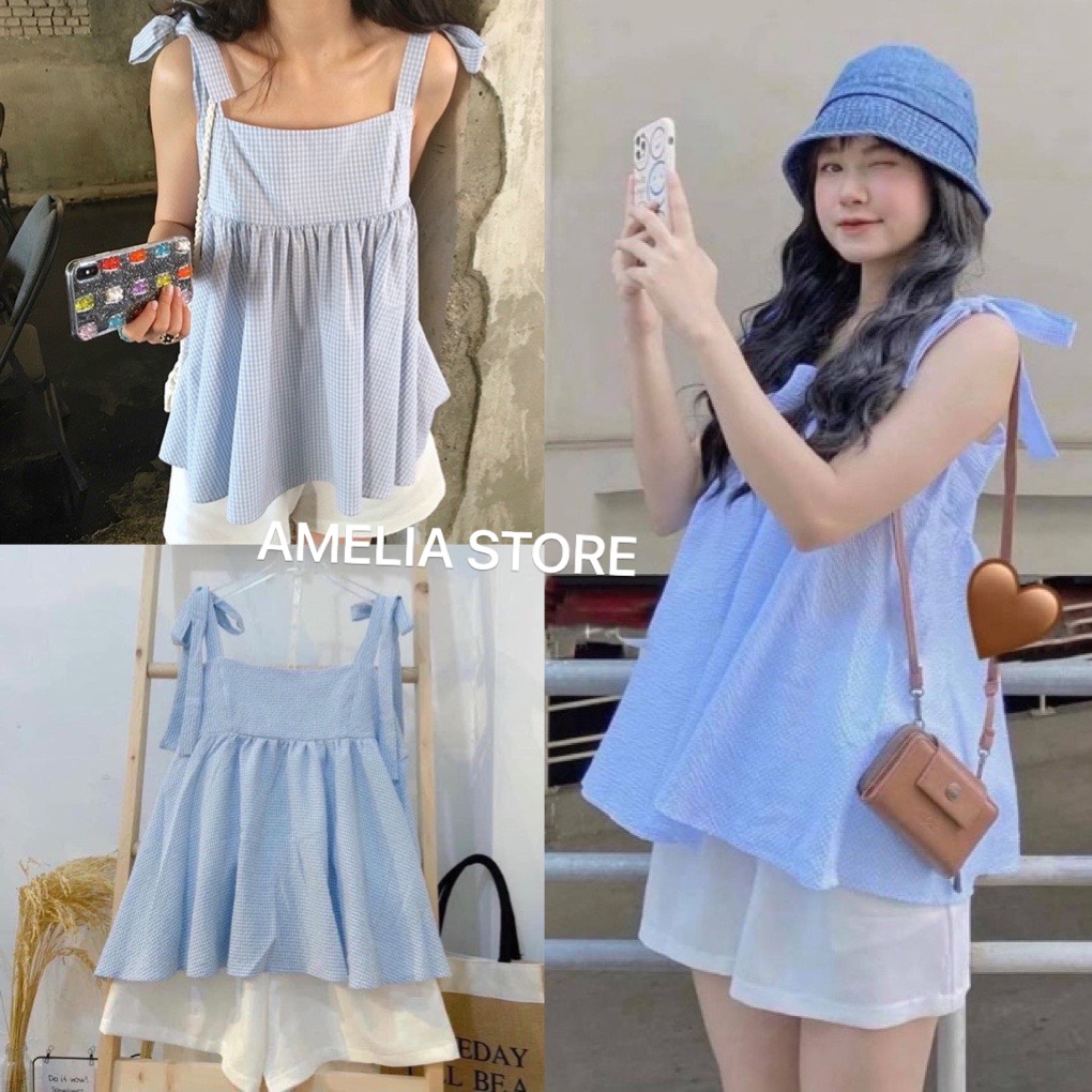 Sét áo babydoll kẻ caro 2 dây thắt nơ kèm quần short chất thô mềm, áo 2 dây babydoll caro, quần short nữ màu trắng, sét bộ đồ nữ đi chơi thời trang hàn quốc, AMELIA