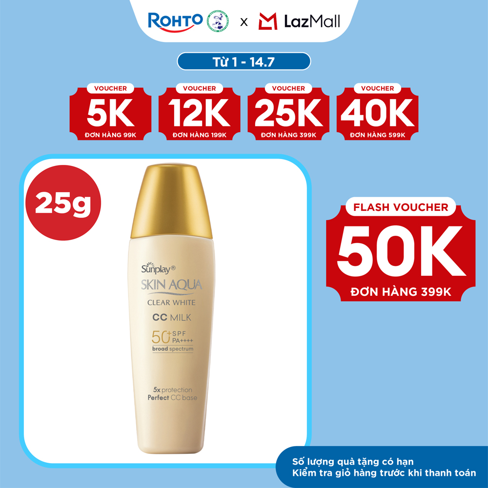 Kem chống nắng Skin Aqua trang điểm tạo nền trắng mịn  đều màu dạng sữa Sunplay Skin Clear White CC Milk SPF 50, PA++++ 25g