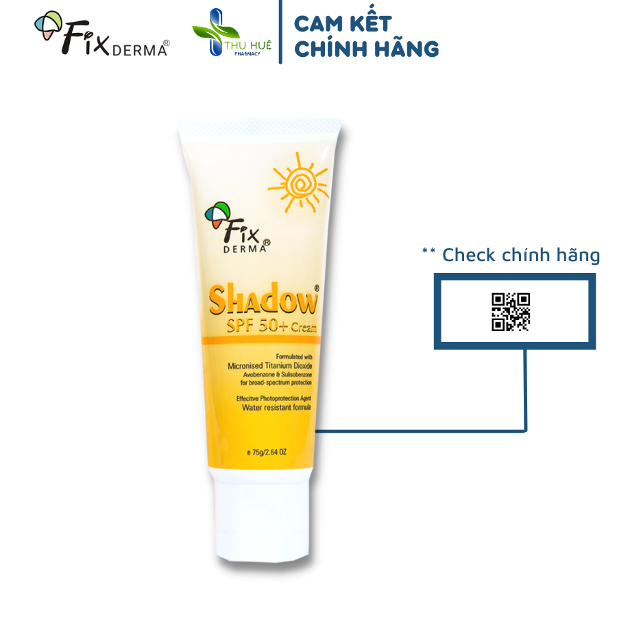 Kem chống nắng Shadow Fixderma 75g chính hãng, không bết dính, nâng tone nhẹ, chỉ số chống nắng Spf 30-50+, màng lọc PA+++, top 5 kem & gel chống nắng vật lý lai hóa học cho da dầu mụn được bác sĩ da liễu khuyên dùng