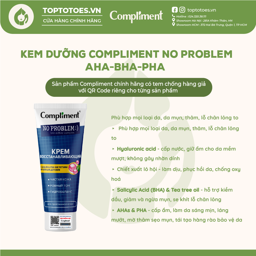 Kem dưỡng Compliment No problem AHA-BHA-PHA phục hồi tái tạo da dầu mụn 50ml