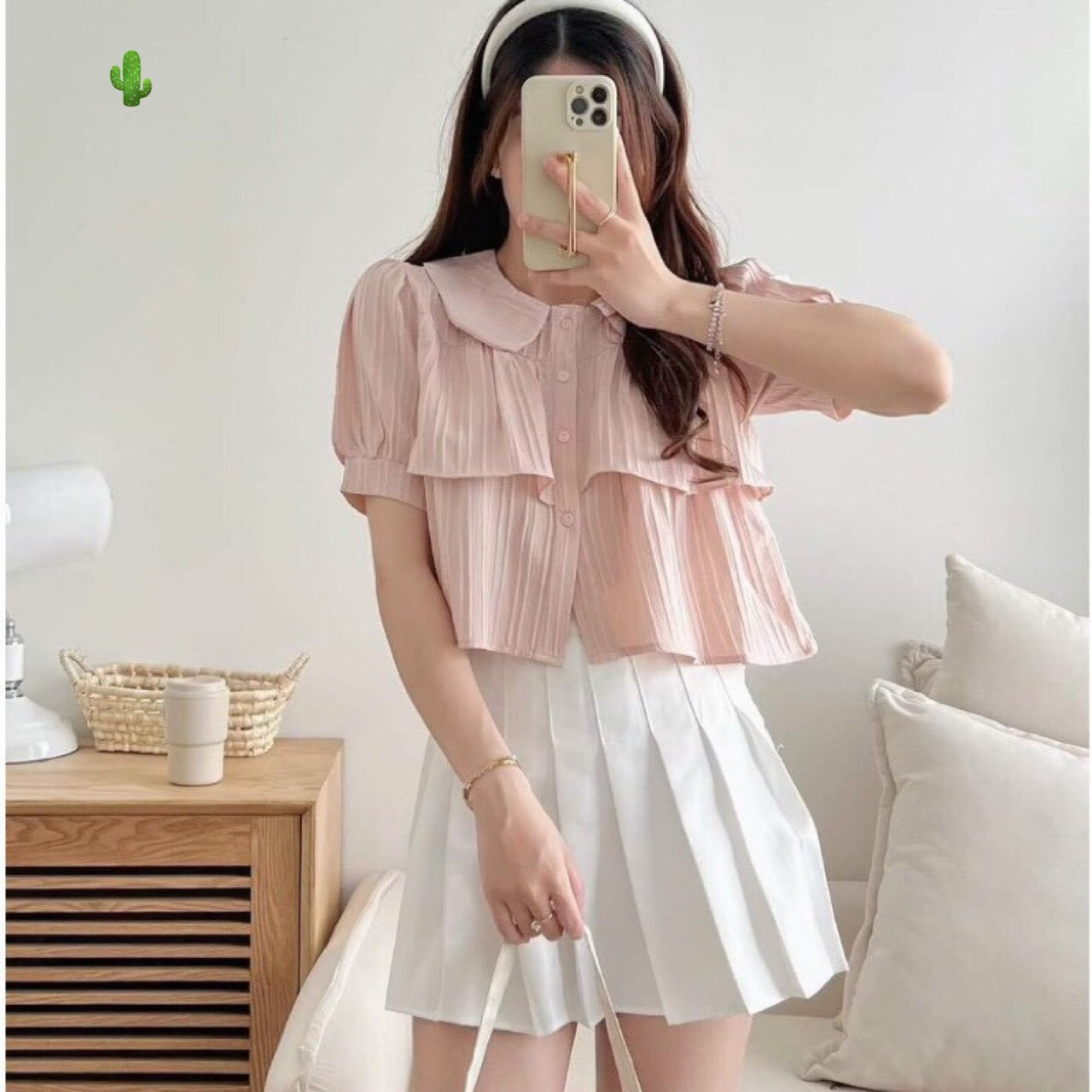 Áo kiểu babydoll cổ sen tay bồng lững hai tầng dáng suông thời trang PC