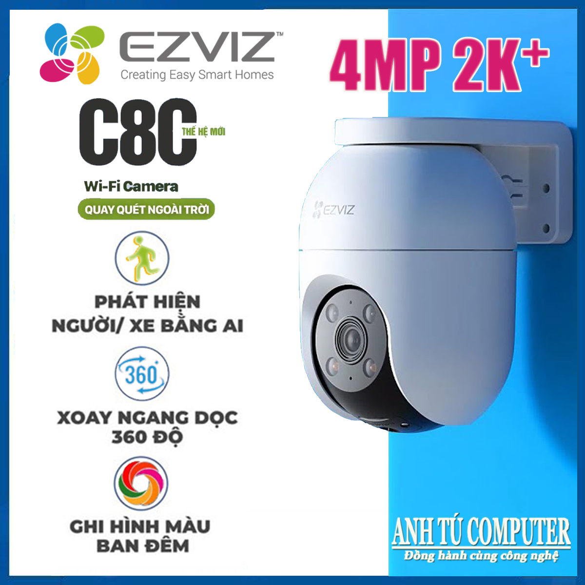 Camera WiFi EZVIZ C8C 2K+ 4MP, quay quét thông minh