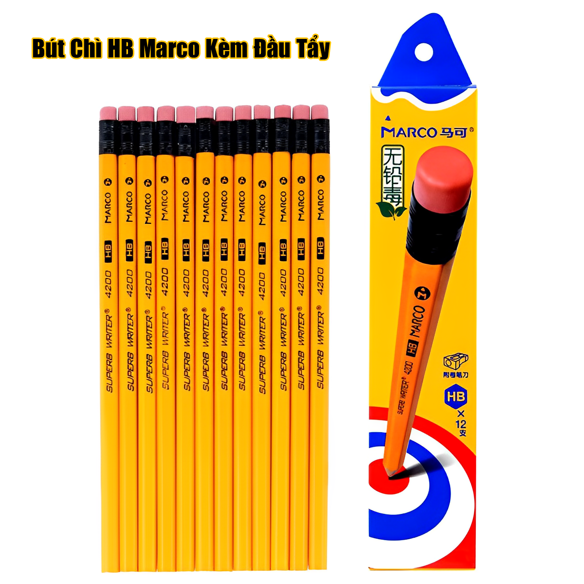 Bút Chì HB Marco Kèm Đầu Tẩy - Chất Liệu Gỗ An Toàn Dễ Gọt Phù Hợp Với Học Sinh Văn Phòng