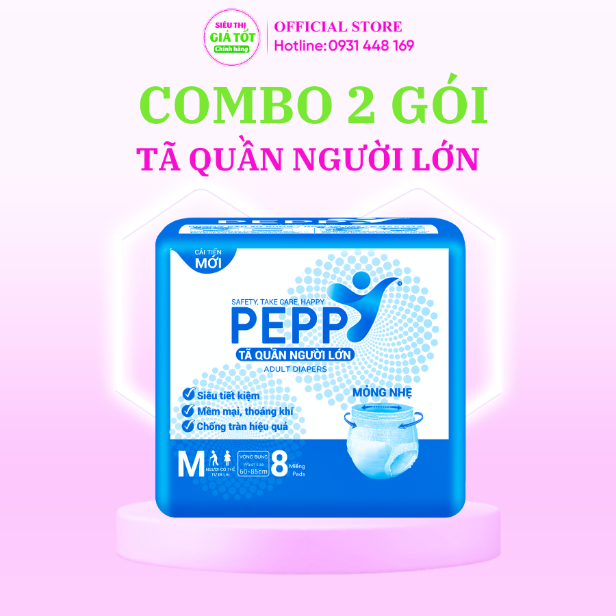 Bộ 2 gói Tã quần người già PEPPY siêu mỏng, Bỉm quần người già siêu khô thoáng đủ size M8/L7, XL7 miếng, Siêu Thị Giá Tốt