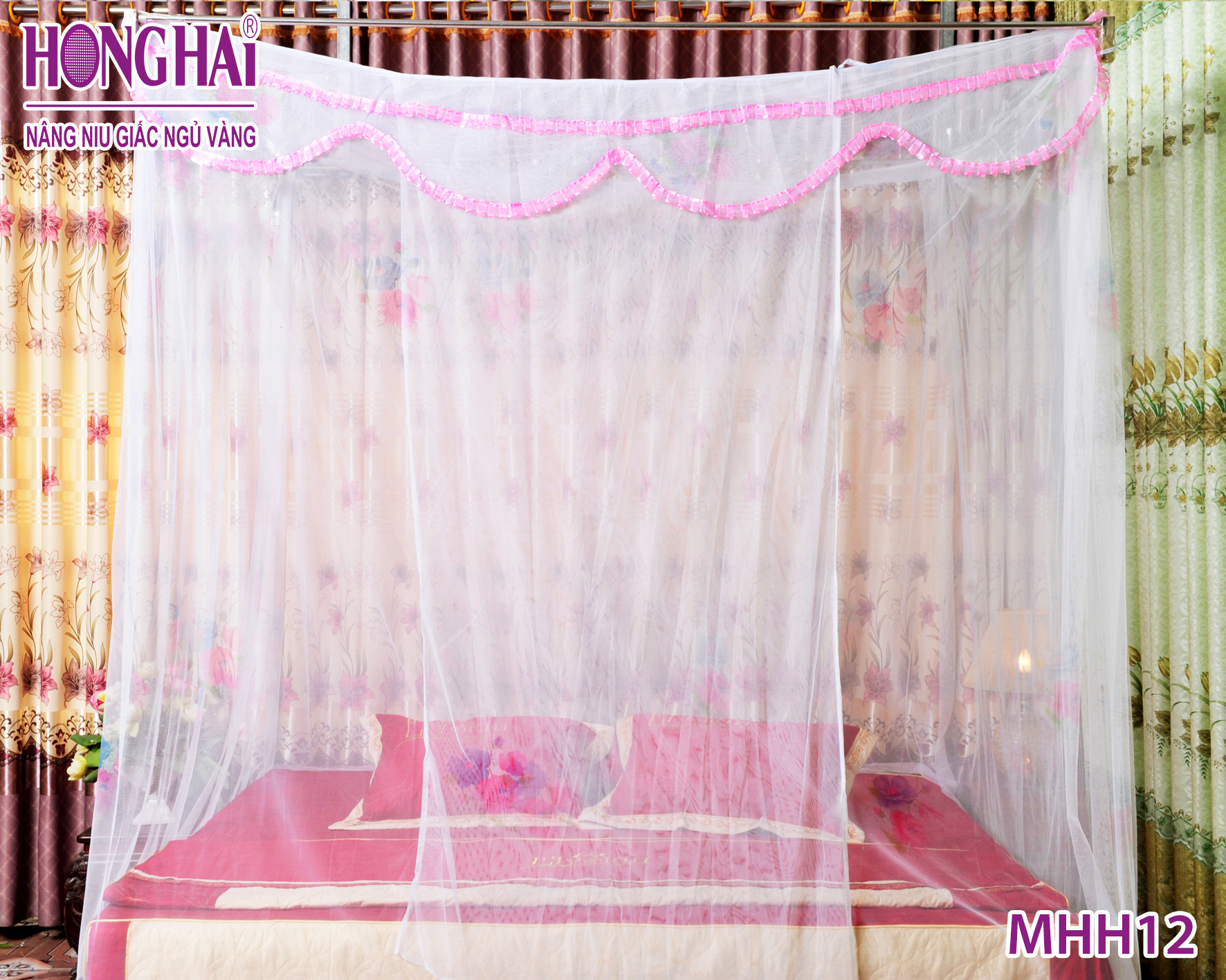 Mùng tuyn lạnh chống muỗi có in bông .