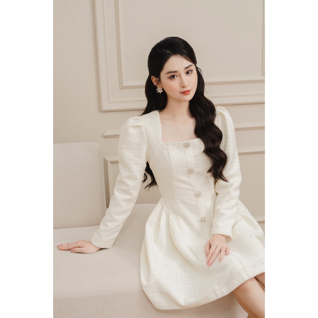 Váy cổ vuông nẹp khuy chân xếp ly tiinstore vdd688