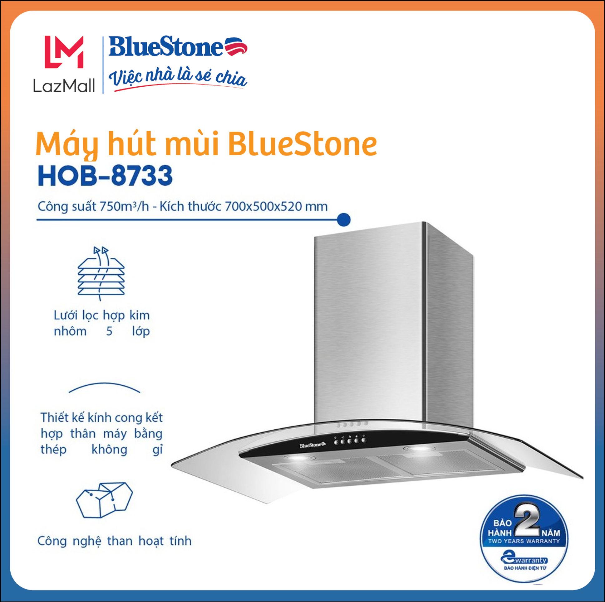 Máy hút mùi kính cong bluestone hob-8733 - bảo hành 2 năm - hàng chính hãng