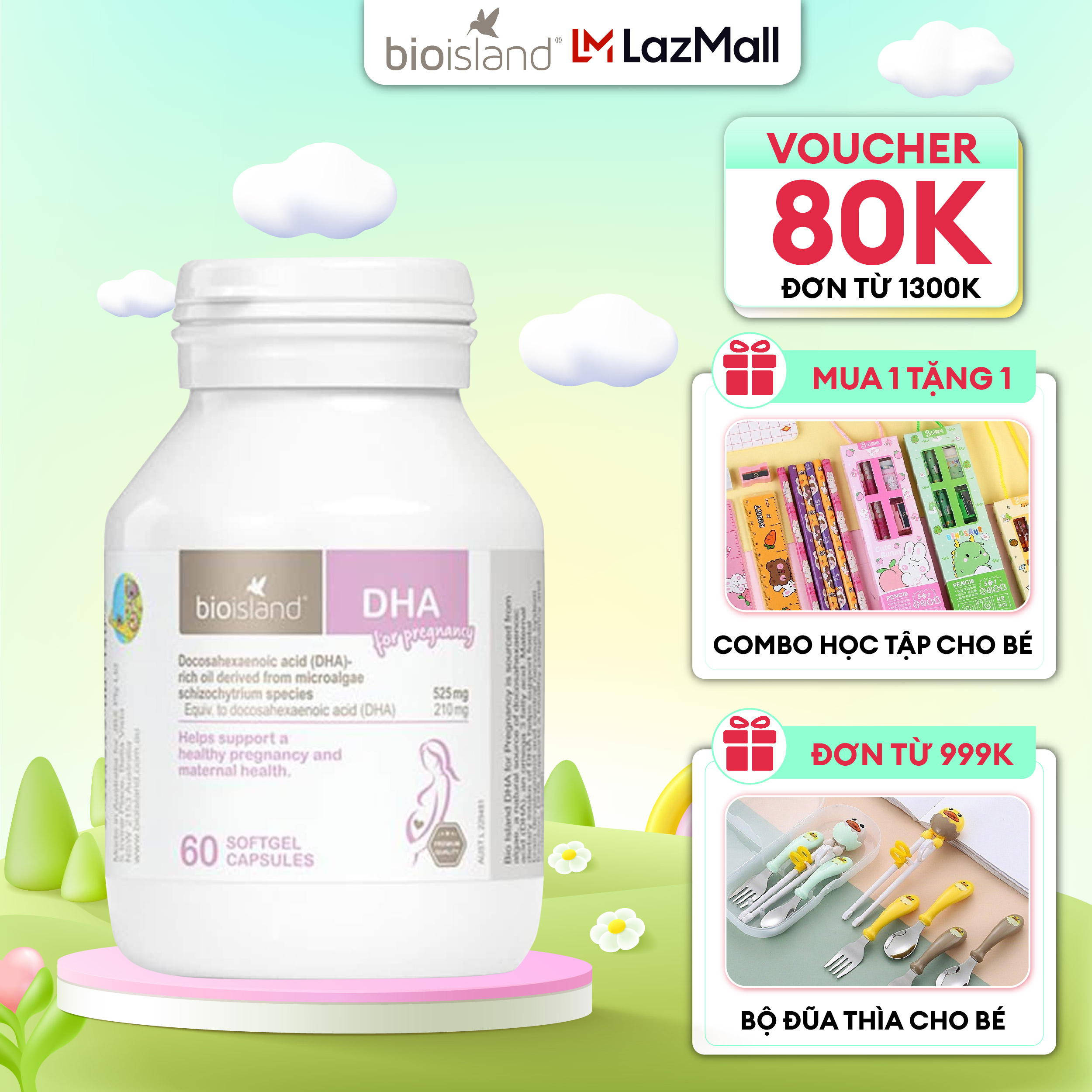 Viên uống bổ sung DHA cho bà bầu Bioisland DHA For Pregnancy 60 viên đảm bảo sức khỏe cho mẹ và sự phát triển của bé