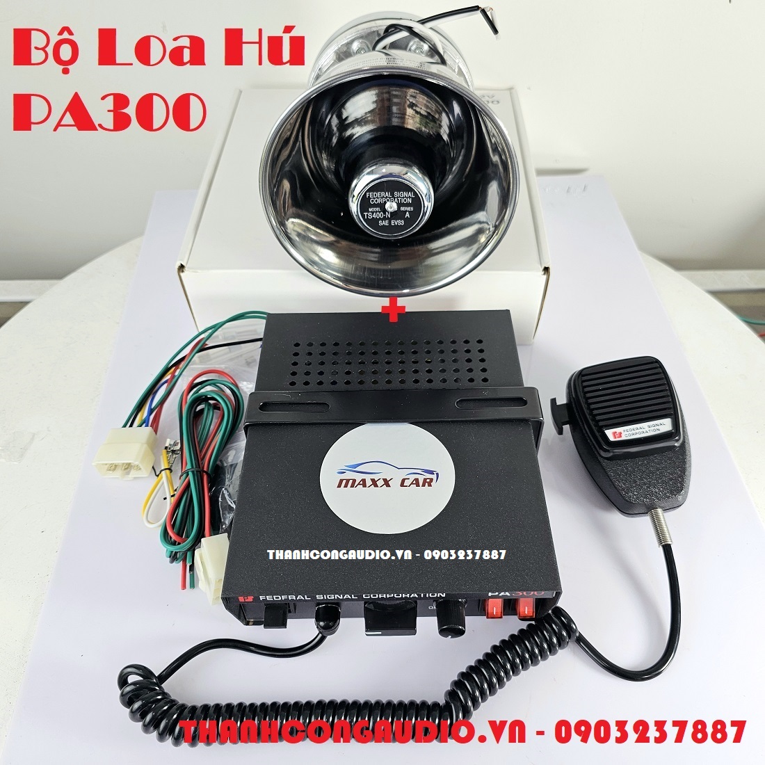 Bộ Loa Còi Hú 300w- Maxxcar PA300, 12V (9 Chế Độ Âm Thanh) - Kèm Micro Cầm Tay. Dùng cho xe ưu tiên
