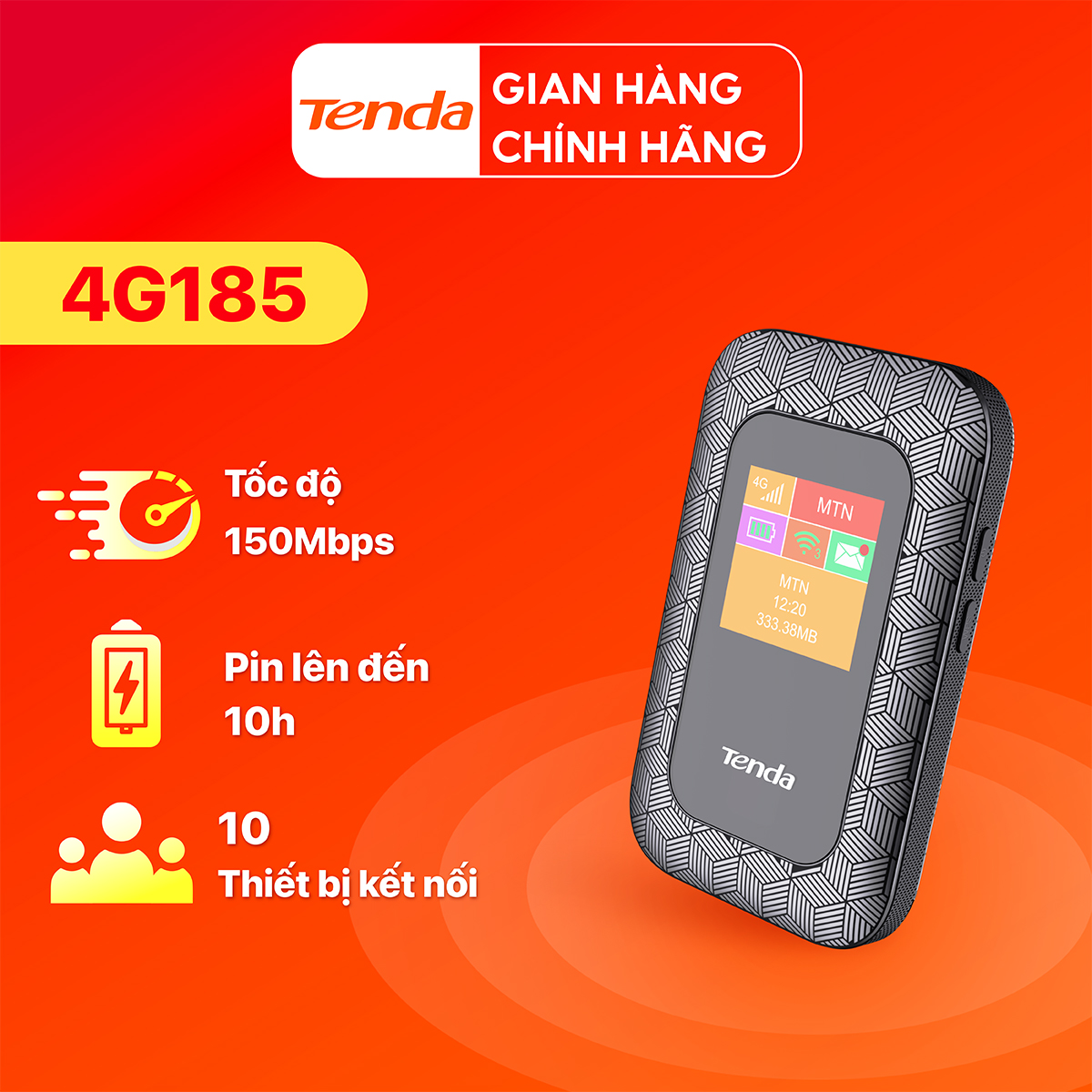 Bộ phát Wifi Tenda di động dùng sim 4G LTE 4G185, pin 2100mAh - Hãng phân phối chính thức