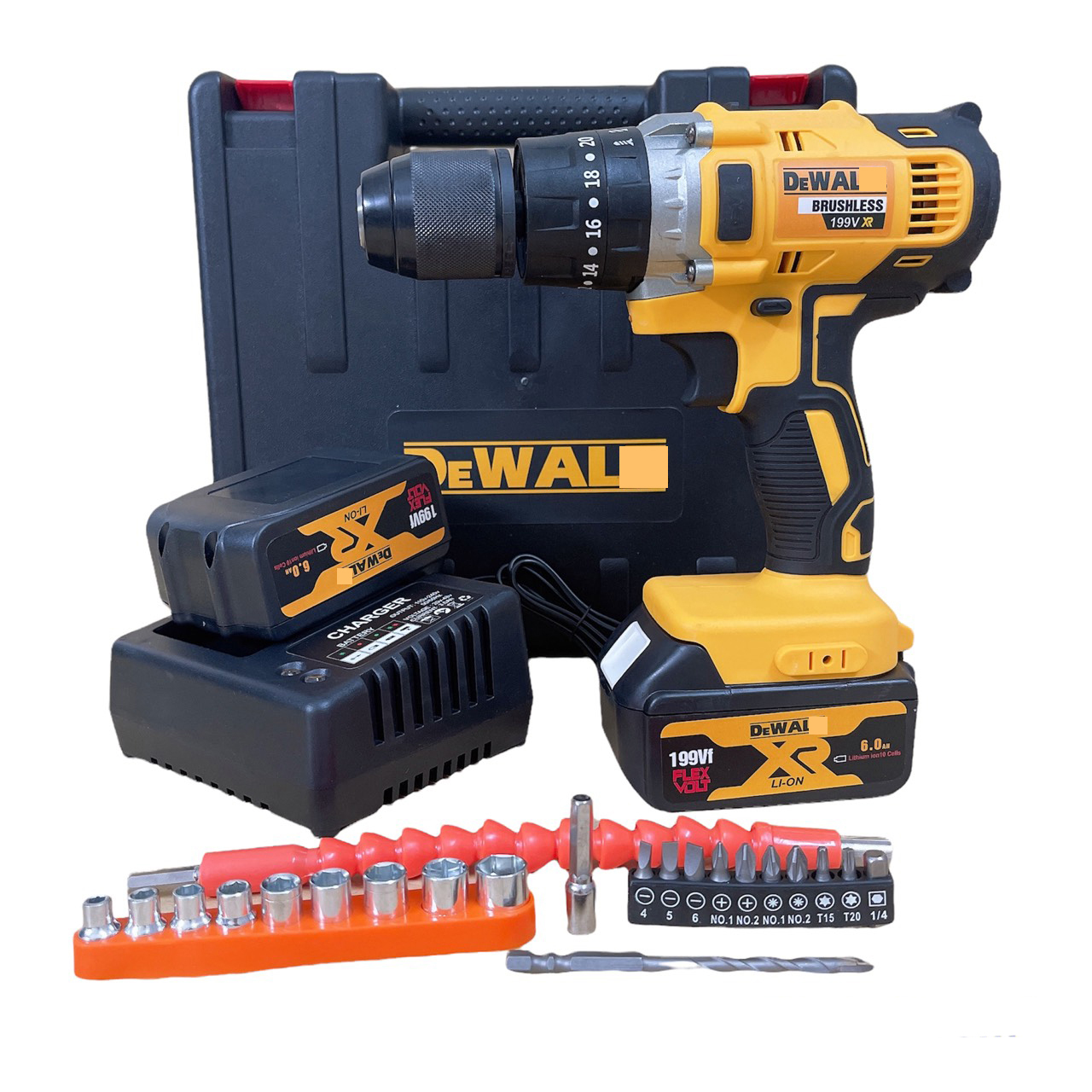MÁY KHOAN PIN De.Walt 199V ĐỘNG CƠ 775, 3 CHỨC NĂNG KHOAN, TẶNG 22 Phụ kiện