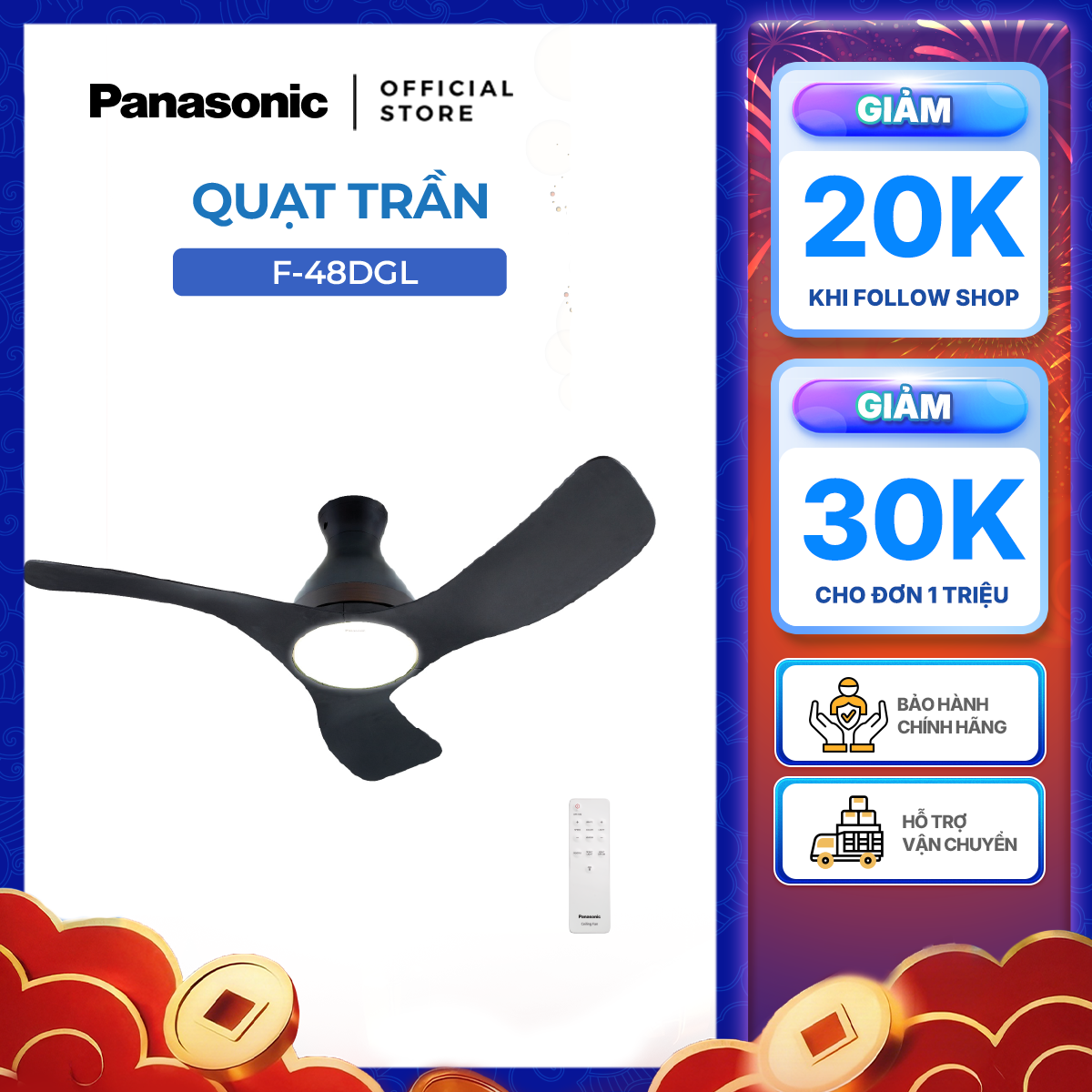 Quạt trần Panasonic model F-48DGL (màu đen - 10 chế độ gió  - công suất 50W)