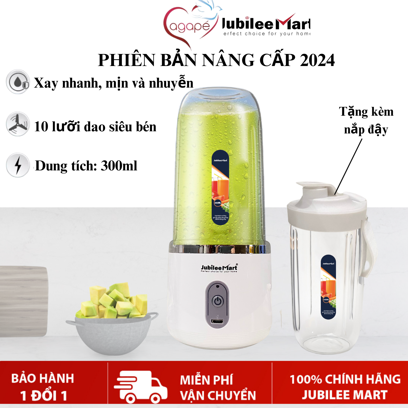 TẶNG KÈM NẮP - Máy Xay Sinh Tố Cầm Tay Mini Jubilee Mart 10 Xay Nhanh Nhuyễn Mịn Lưỡi Inox Sạc Pin USB Mang Đi Tiện Lợi Dung Lượng Pin Lớn Tặng Kèm Nắp Đậy - BẢO HÀNH 12 THÁNG