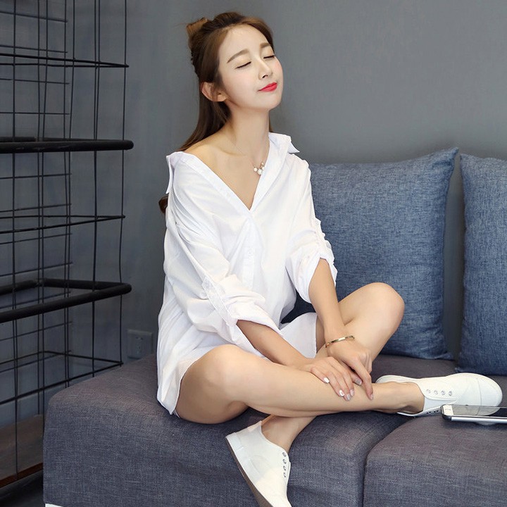 Áo sơ mi trắng giấu quần nữ dài tay kiểu dáng Hàn Quốc