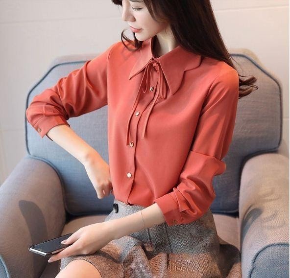 Áo kiểu sơ mi tay dài cột nơ cổ siêu xinh