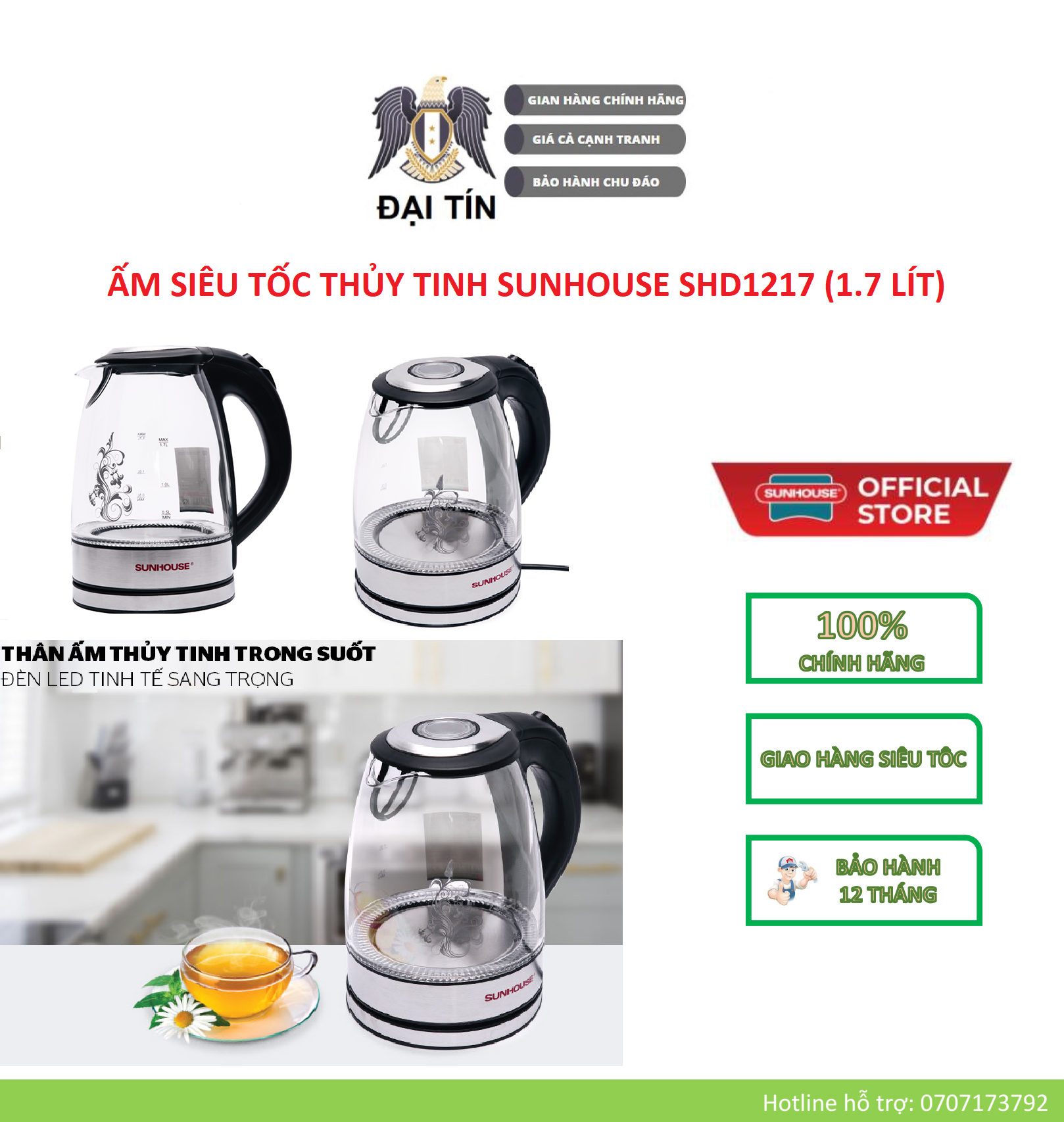 Shd1217 - ấm siêu tốc thủy tinh sunhouse 1.7 lít – bảo hành chính hãng 12 tháng