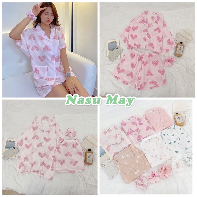 Bộ đồ ngủ pijama tim hồng 🦋 set mặc nhà nữ tim to 🦋