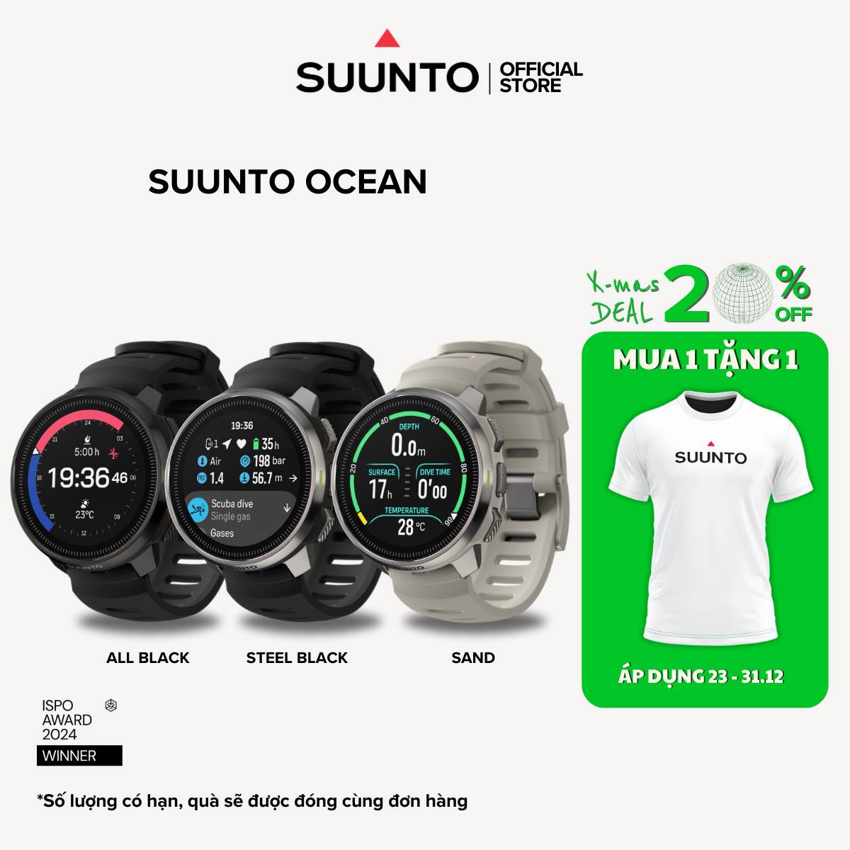 Đồng hồ lặn và thể thao kết hợp Suunto Ocean - Bản đồ Offline, GPS, hỗ trợ tập luyện thể thao - Bảo hành 2 năm