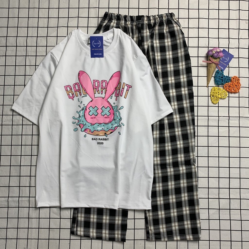 Sét Bộ Hoạt Hình Áo Thỏ Hồng Habit + Quần Caro Ống Rộng Dễ Thương , Thun Coton , Đồ Bộ Dài , Đồ Bộ 3D Cartoon Siêu Đẹp TTSLB0072