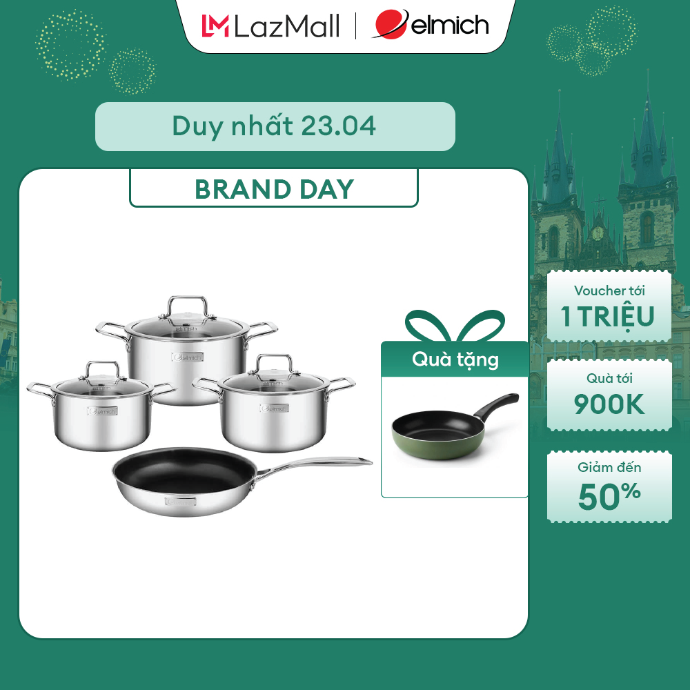 (Tuần lễ SN Elmich)Bộ nồi Inox dập nguyên khối Elmich Trimax Classic EL-2110OL Size 18, 20, 24, chảo 26cm