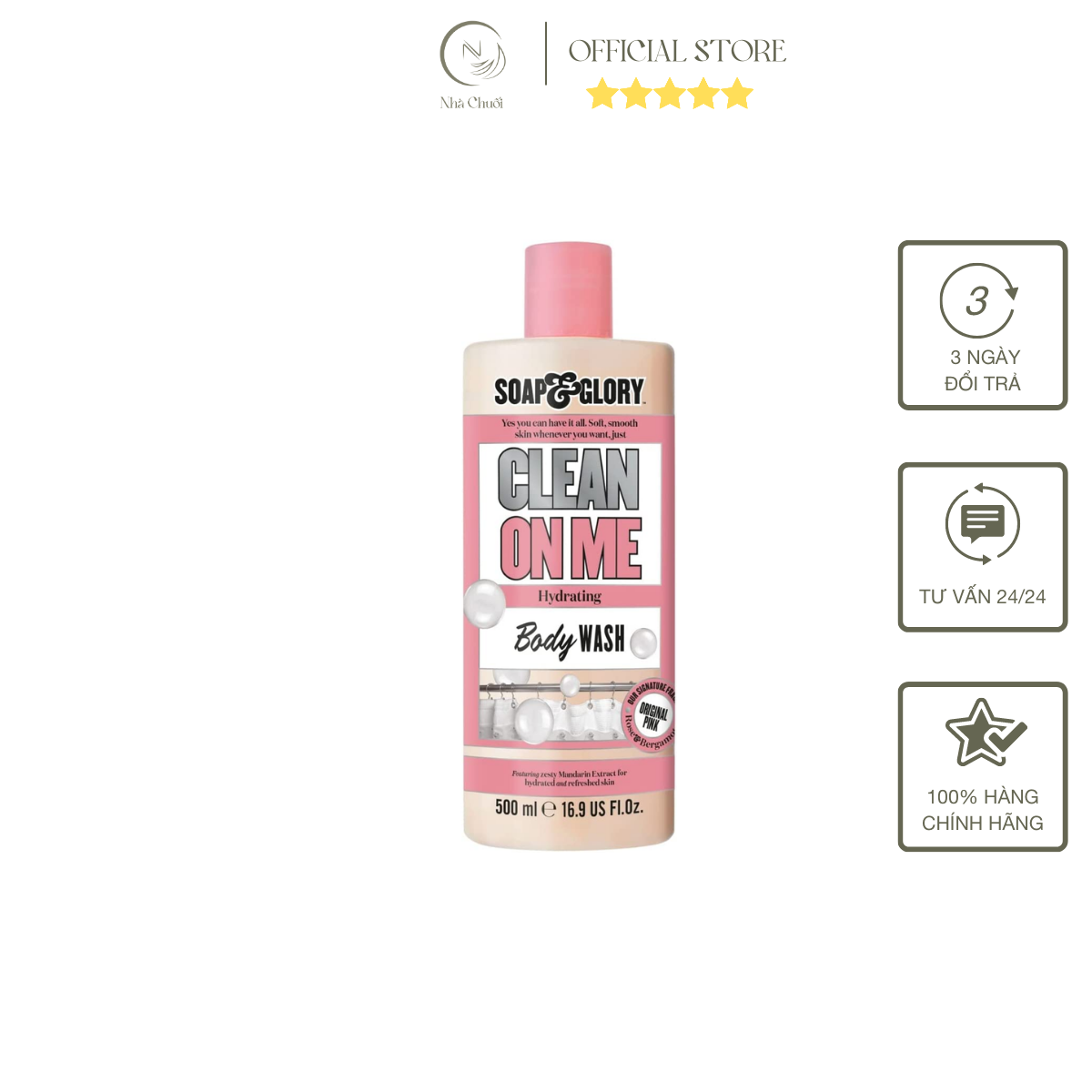 Sữa tắm Soap and Glory Clean on me 500ml, Sữa tắm dưỡng ẩm lưu hương 18 giờ