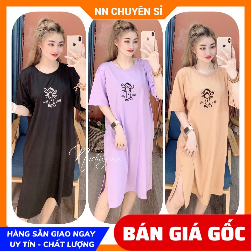 Đầm thun nữ phom suông rộng chất thun mềm mát thêu hoạt hình dễ thương TP95 🛑 Đầm thun nữ 🛑 Đầm phom rộng 🛑 Đầm nữ xẻ tà