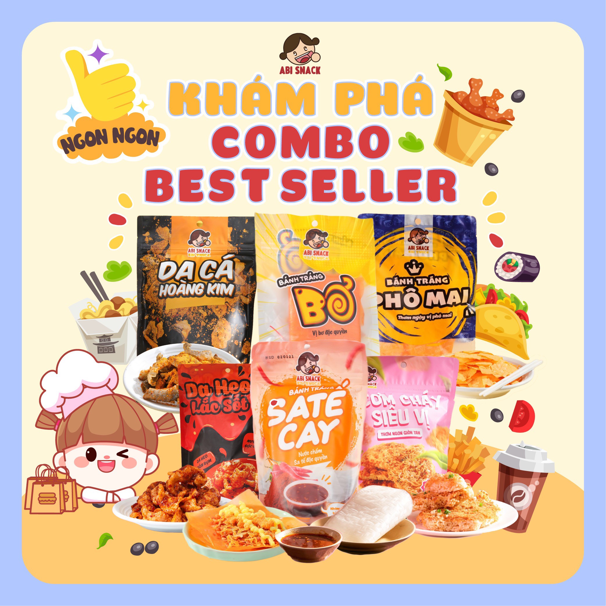 Combo 5 món best seller bánh tráng abi gồm bơ - sate - phô mai - da heo - cơm cháy