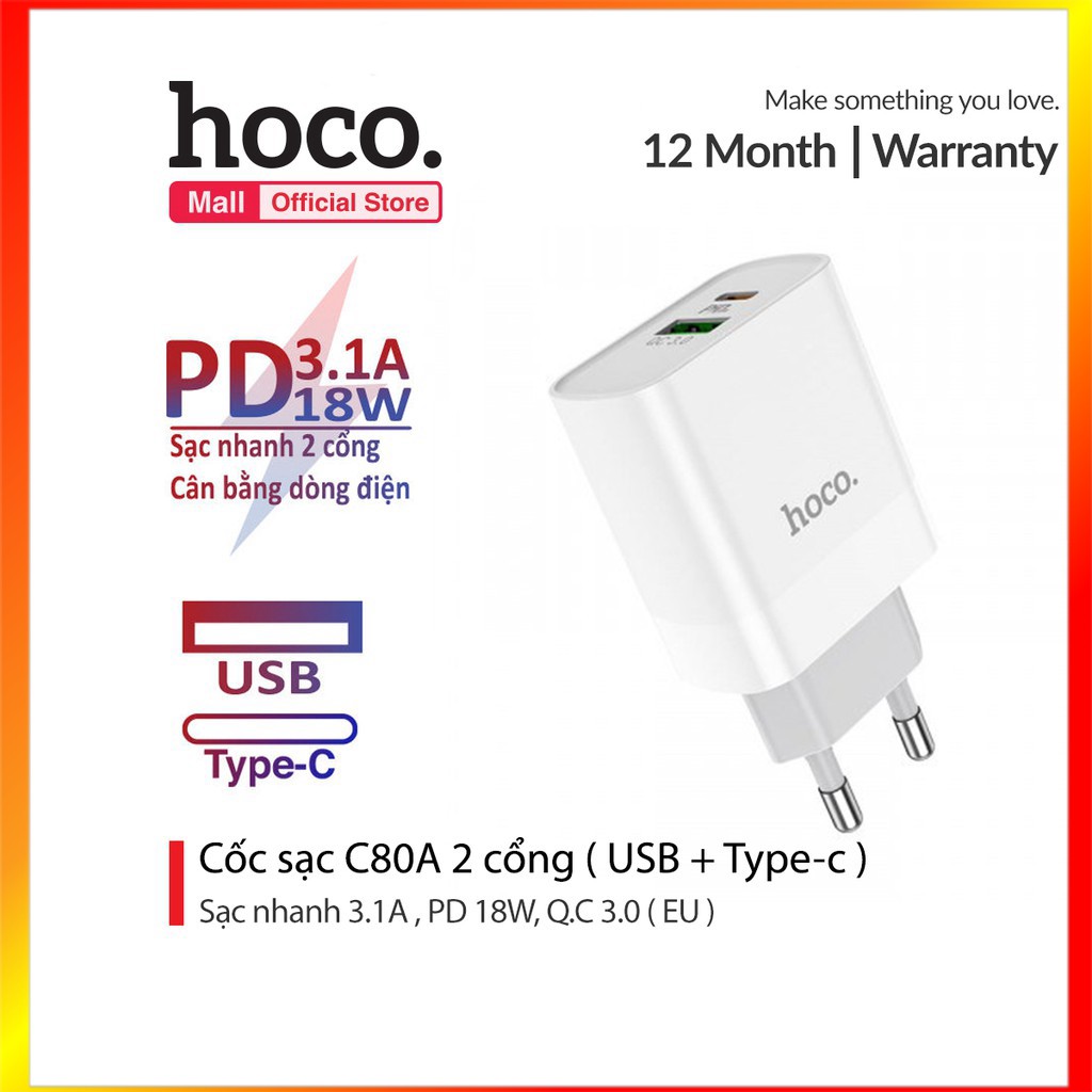 [HCM]Bộ Sạc Nhanh Iphone C80A TYPE-C RA LIGHTNING PD 3.1A  20W QC 3.0 (EU)Bảo Hành Chính Hãng 12 Tháng 1 đổi 1