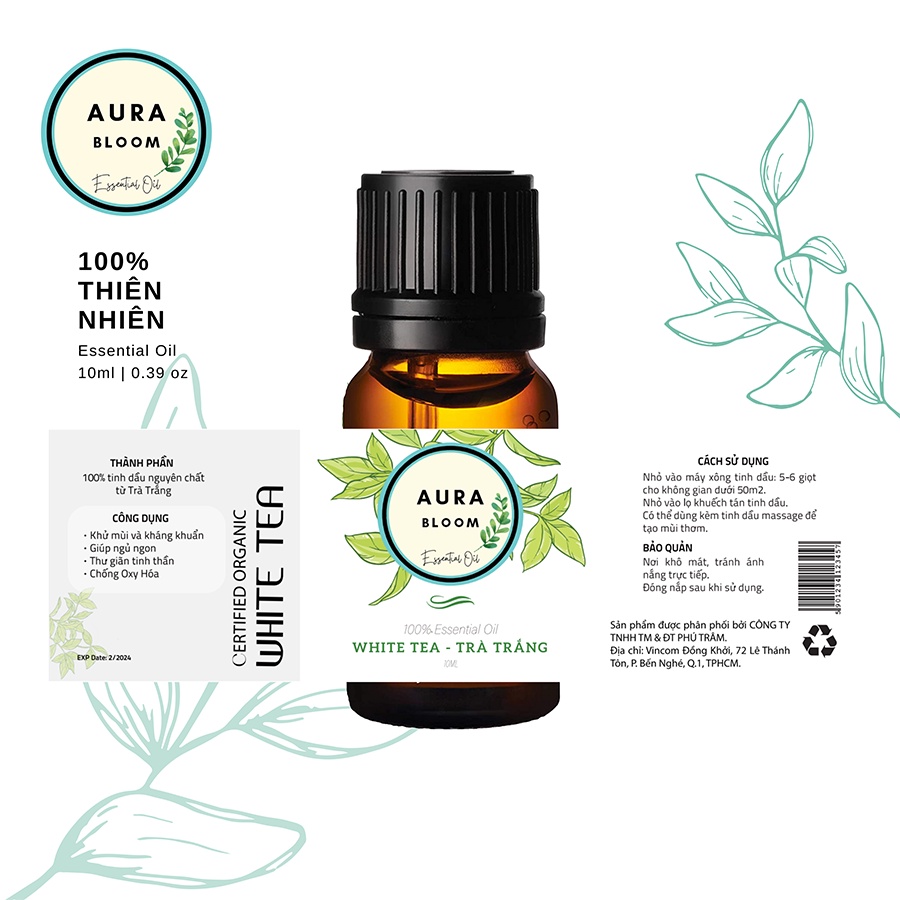 Tinh Dầu Thiên Nhiên Aura Bloom Nguyên Chất 10ml- 50ml (mùi hương Trà Trắng)  | Có Kiểm Định | Nhập Khẩu