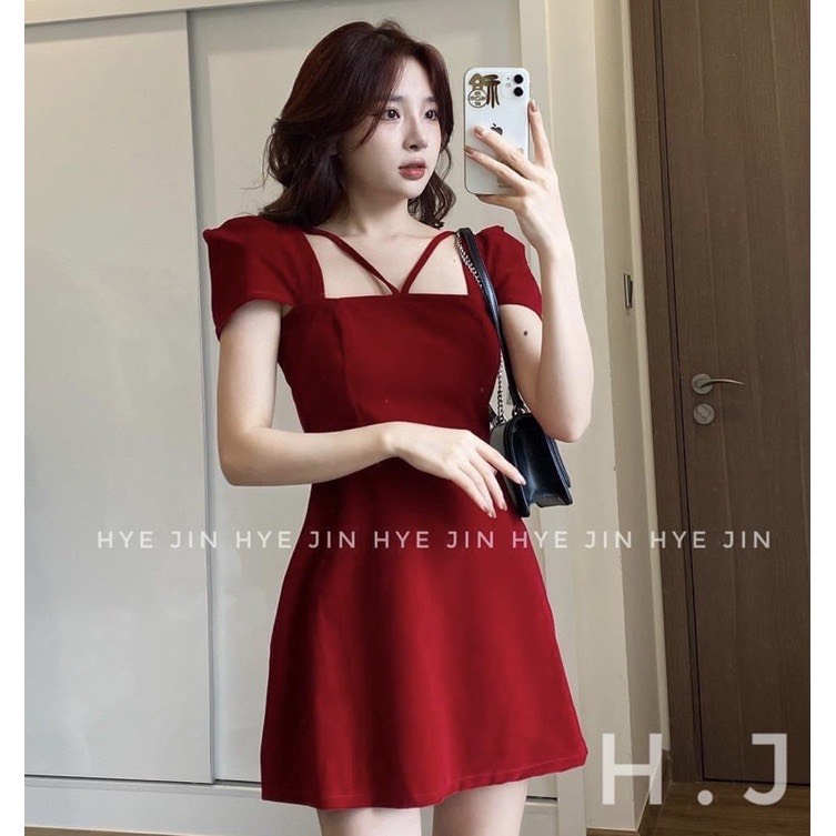 Đầm nhung foem ngắn chữ A, đầm cổ vuông tay ngắn cổ đan dây, áy nữ đơn giản đi chơi, đầm đi tiệc cưới hở lưng