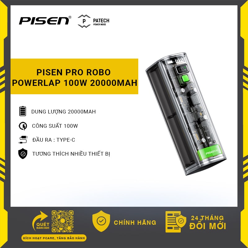 [20H 6/7 - 9.7 Nhập 77LAZSOCIAL80K Voucher giảm 12% đơn từ 250K tối đa 80K]Sạc dự phòng PISEN PRO Robo Powerlap 100W 20000mAh Transparent, vỏ ngoài trong suốt, sử dụng cho Laptop/Macbook/Tablets/smartphones, model: LS-DY145  - Hàng chính hãng, bảo hành 24