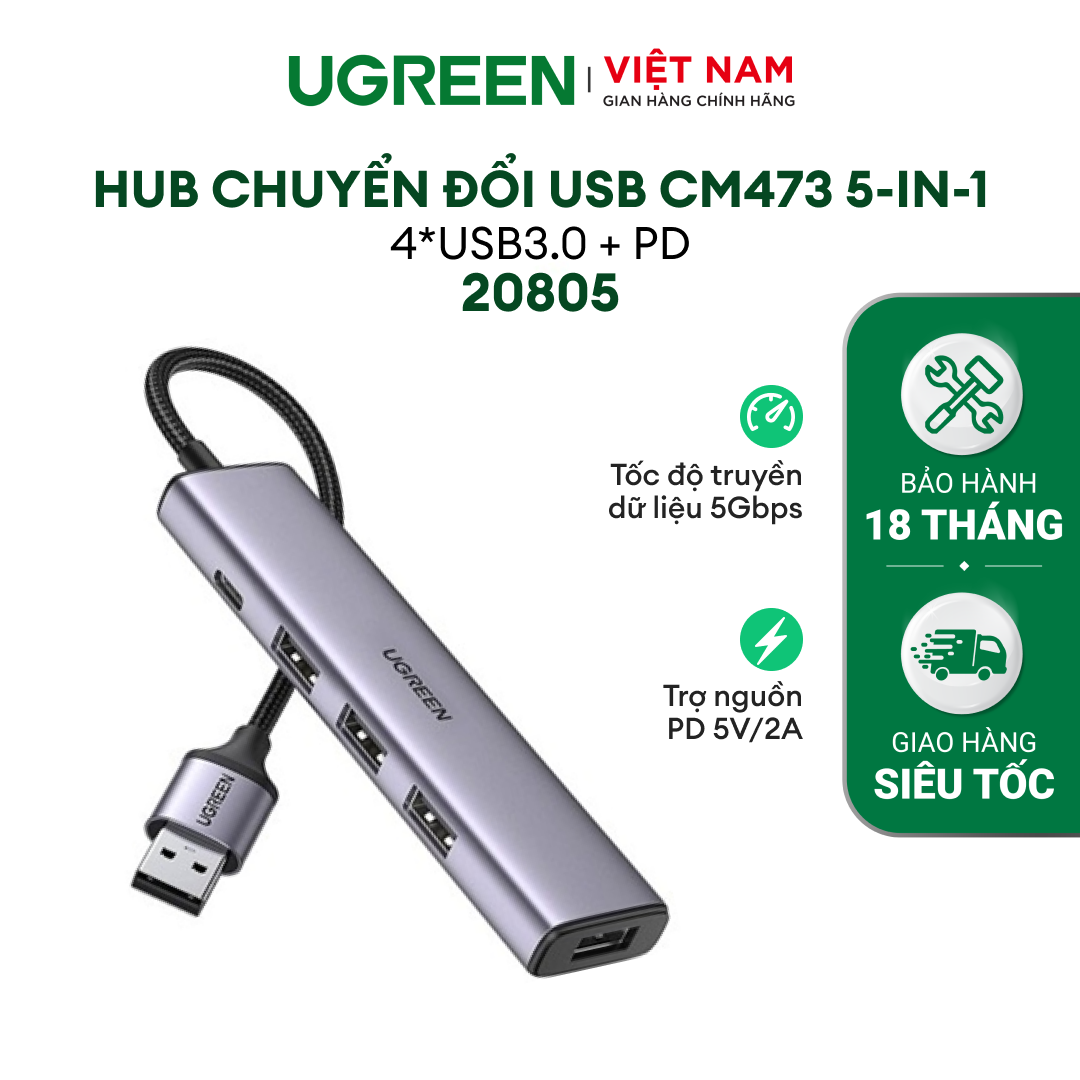 Hub mở rộng usb 3.0 ra 4 cổng usb 3.0 ugreen cr473 tốc độ 5gbps | dây bọc dù vỏ nhôm | hỗ trợ nguồn type-c| bảo hành 18 tháng 1 đổi 1| 20805